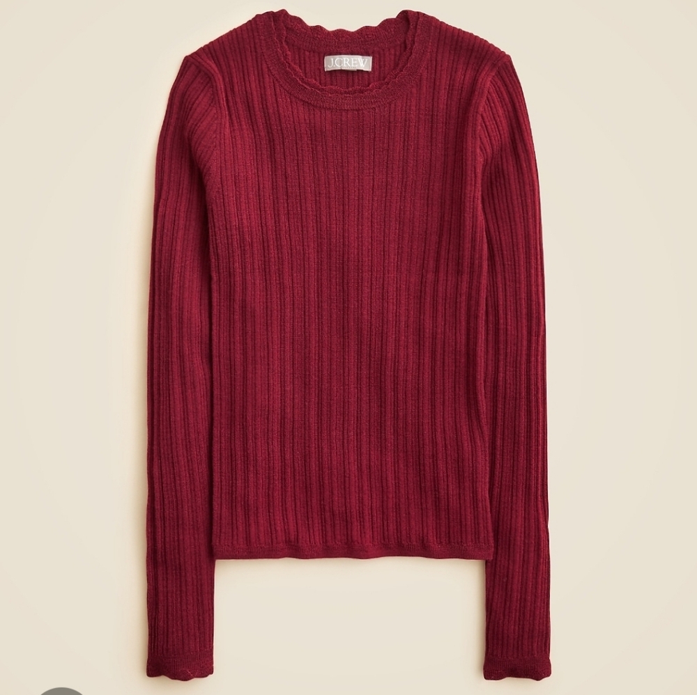 J. Crew Scalloped Pointelle sweater-tee merino wool Large L Red Burgundy Wine